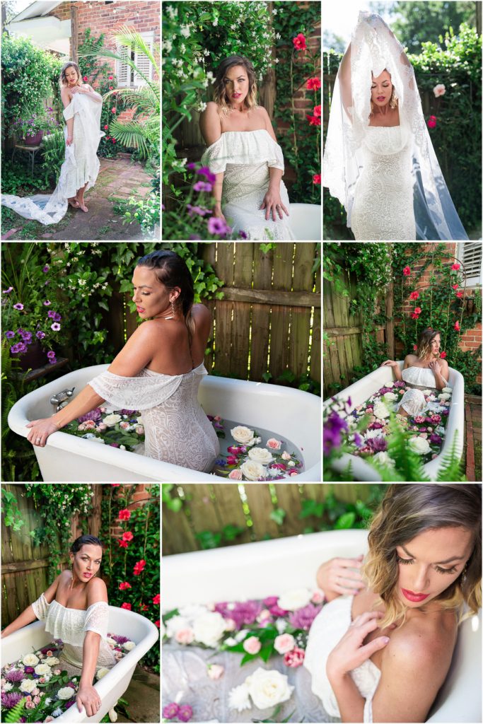 claw foot tub bridal photos with white dress and veil 